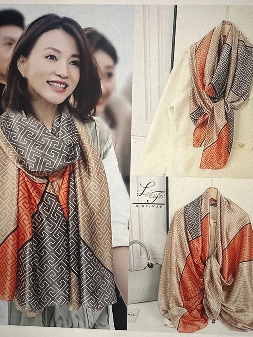 Geometric Pattern Silk-Look Wrap Scarf in Cream, Black & Orange